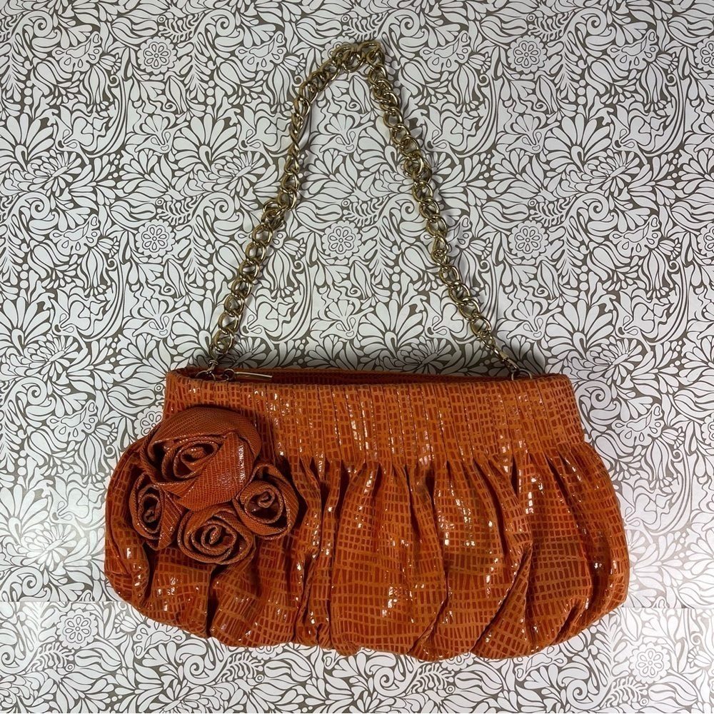 Inge Christopher Christy Convertible Orange Reptile Embossed Leather Flower Bag